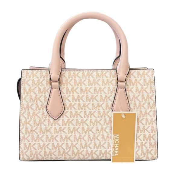 MICHAEL KORS  SHEILA SMALL CENTER ZIP SATCHEL CROSSBODY BAG MK ROSE GOLD/WHITE - Picture 4 of 10